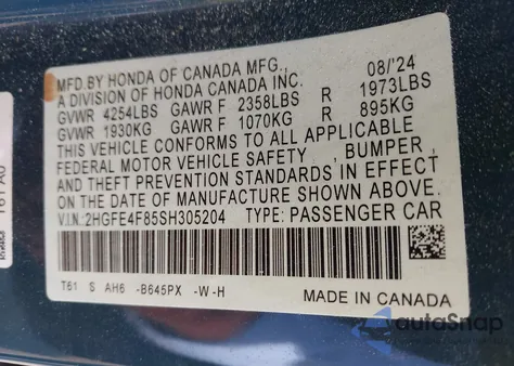 2025 Honda Civic Hybrid Sport/Sport Touring from USA, damaged, VIN 2HGFE4F85SH305204